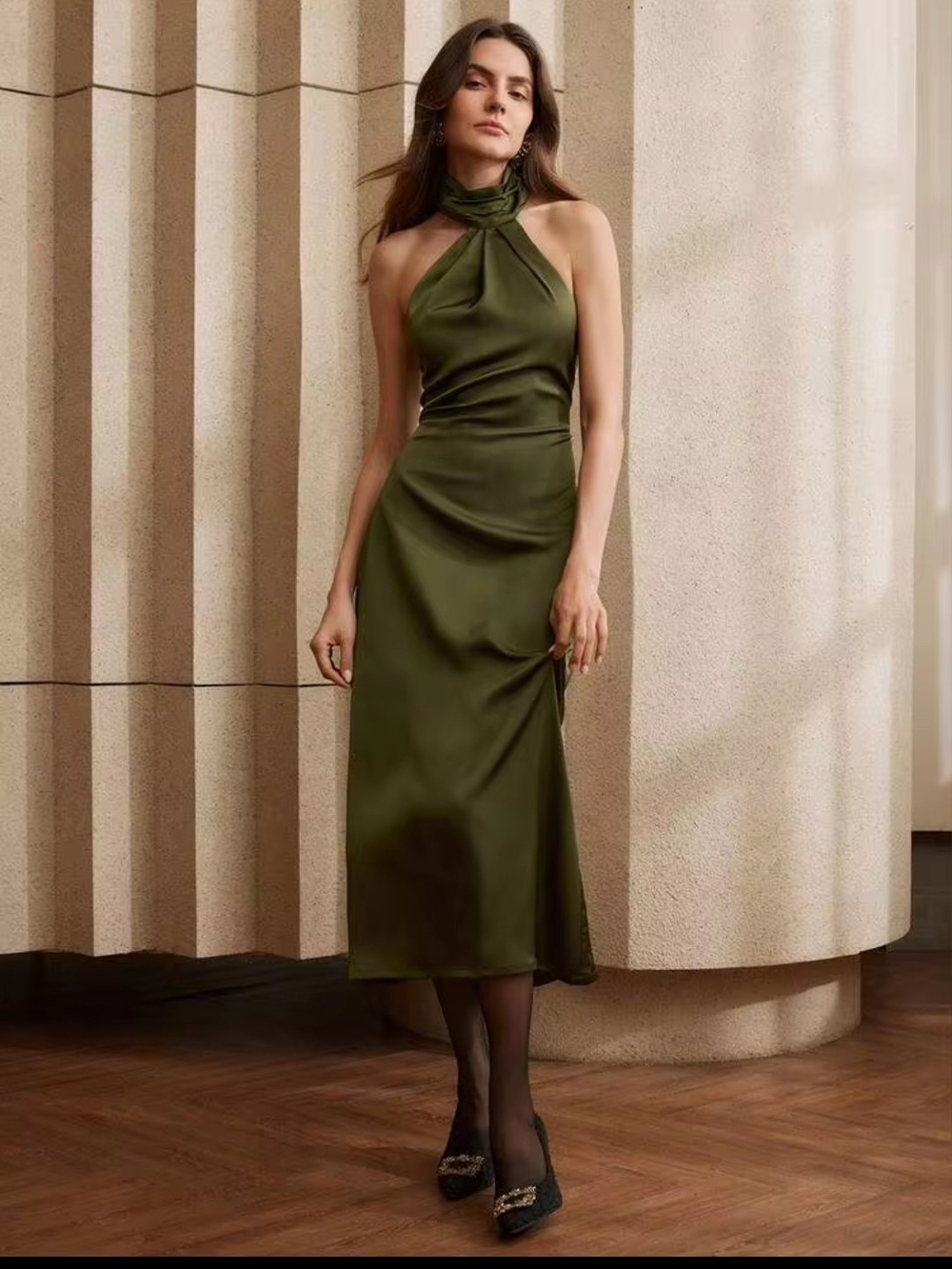 Olive Halter Satin Midi Dress